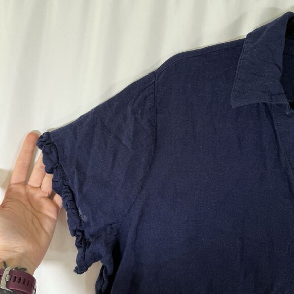 Any Body Blouse Women's 1X Blue Button Up Short Sleeve Cotton Linen Blend Solid - Picture 3 of 8
